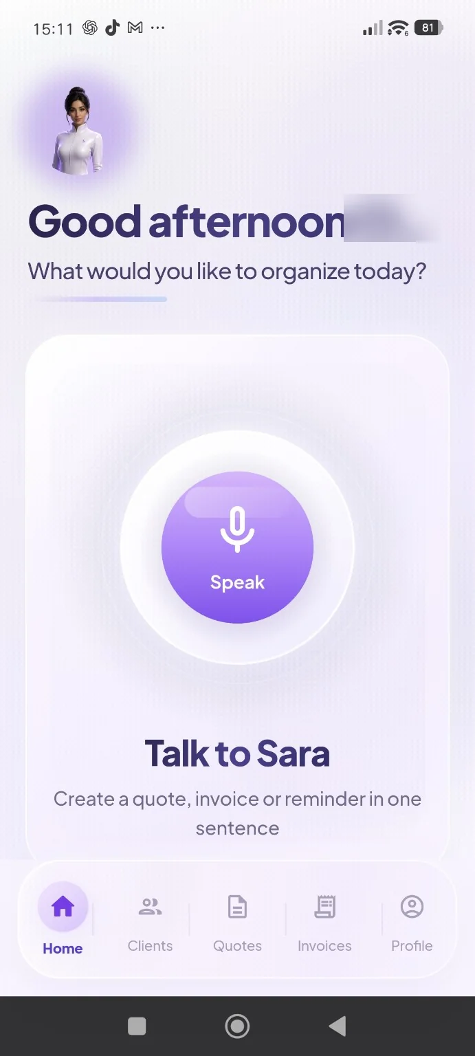 Sara voice assistant home screen for small business admin
