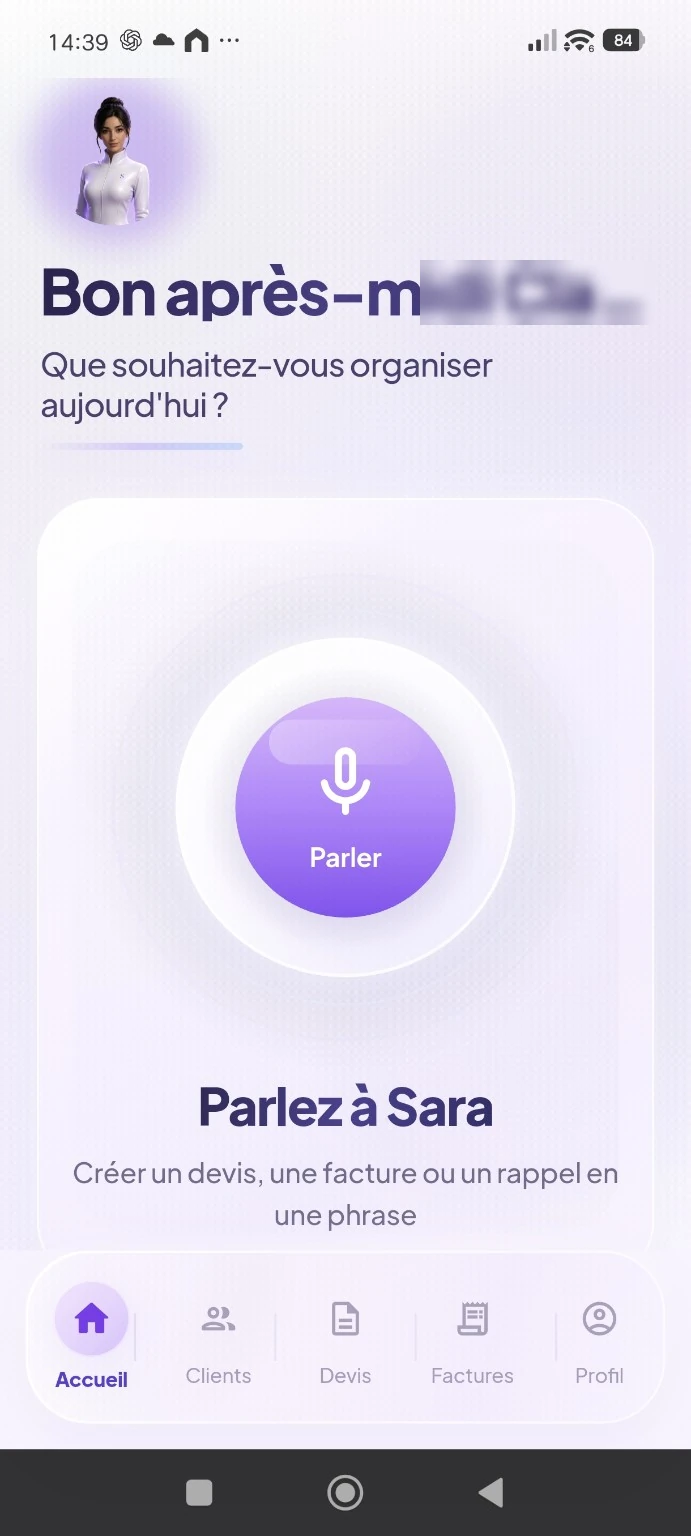 Écran d’accueil vocal de Sara, secrétaire IA pour indépendants